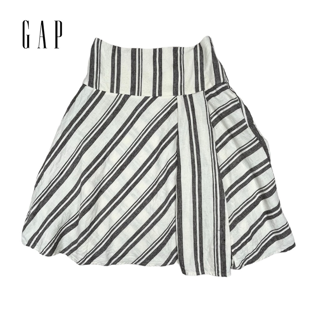 Gap | Women 6R | 100% Linen Ivory &‎ Gray Striped Circle Knee Length Skirt